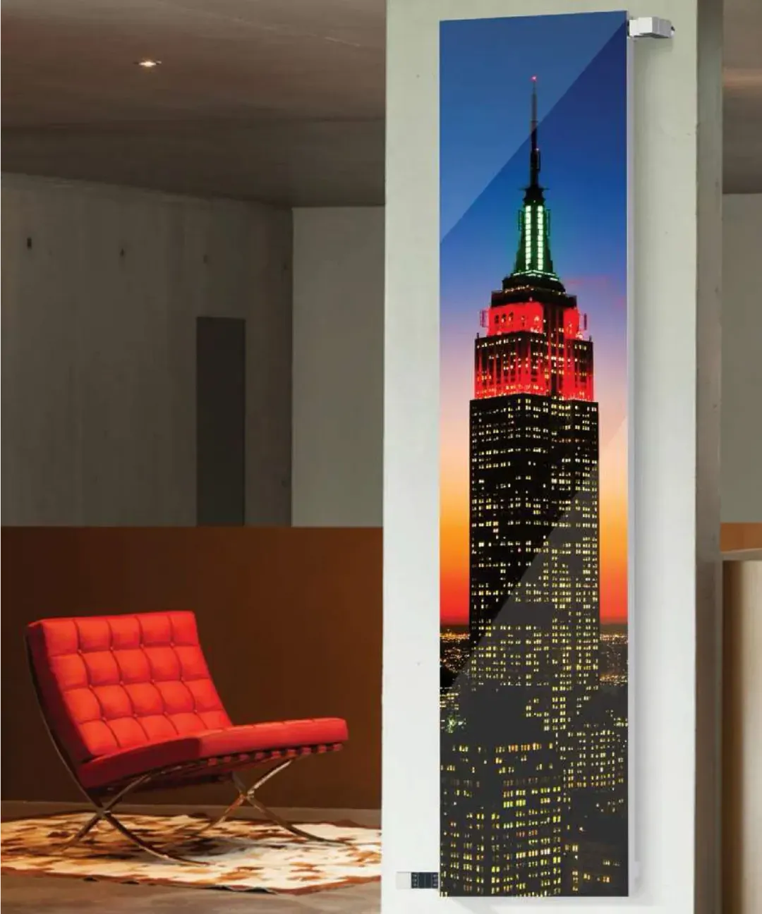 Nova Glass dizajnerski radijator u prostoru pogled 3