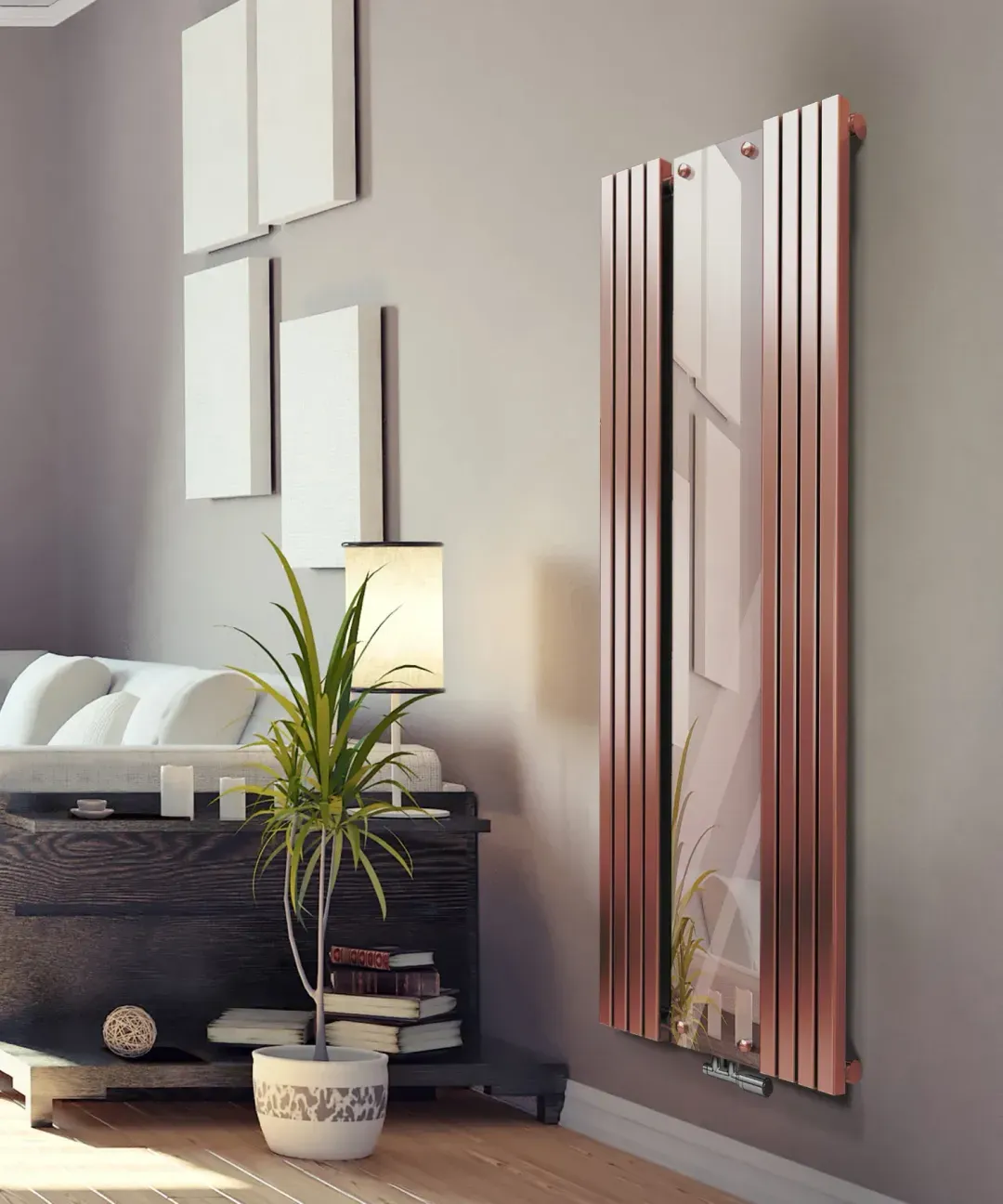 Vertica D Mirror dizajnerski radijator u prostoru pogled 1