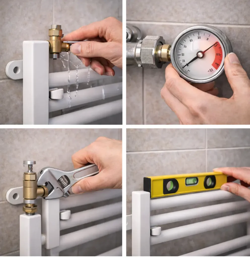 Odzračivanje radijatora, provera pritiska sistema, održavanje ventila i pravilna montaža sušača za kupatilo