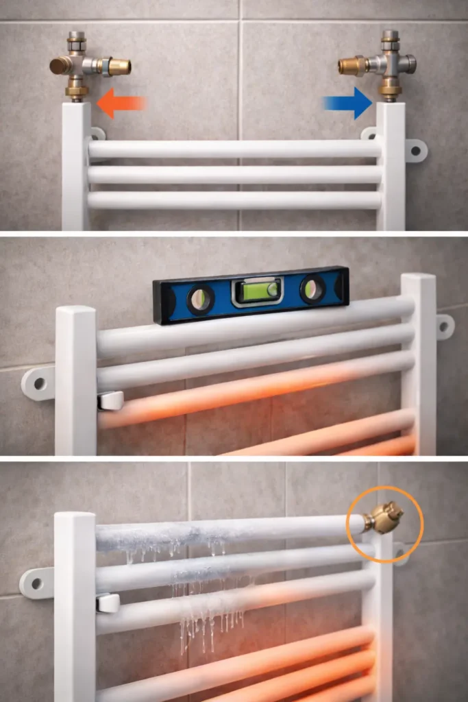 Radijator sušač ne greje zbog pogrešne montaže, nenivelisanog položaja i loše pozicioniranog odzračnog ventila