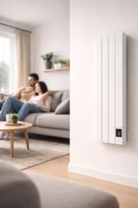 Moderan vertikalni radijator na struju u minimalističkom dnevnom boravku, simbol komfornog i pametnog grejanja.